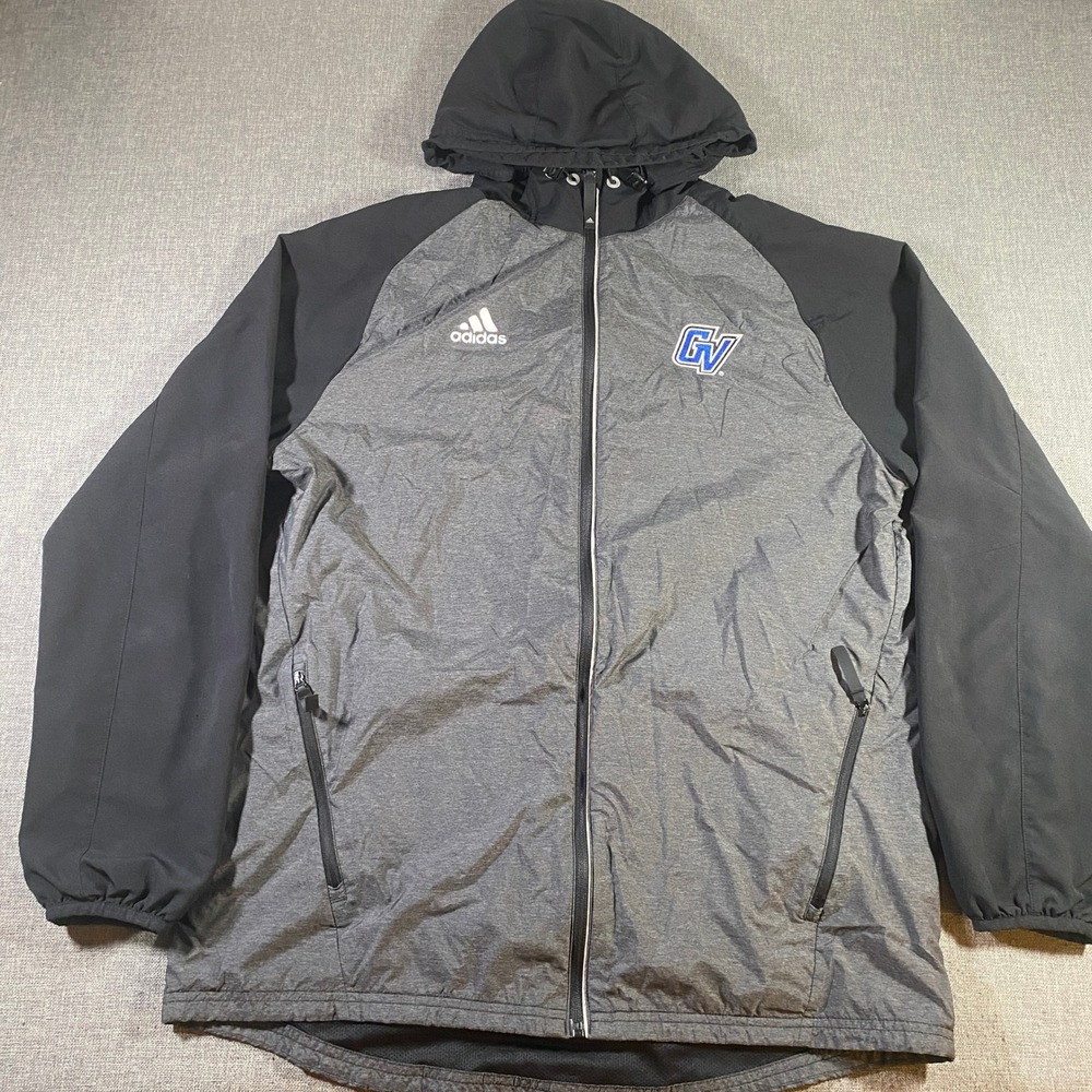 Adidas Nylon Jackets Men's Large Full Zip Hooded Athletic Gray Black Colorblock